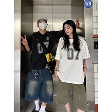 夏季美式复古字母涂鸦印花网面短袖T恤男女宽松百搭球衣，男装T恤，星座506A