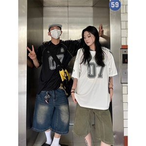 夏季美式复古字母涂鸦印花网面短袖T恤男女宽松百搭球衣图片