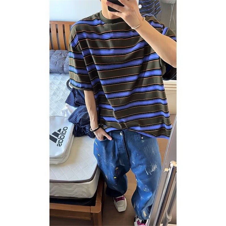 美式条纹短袖T恤男夏季2025新款男生宽松日系半袖上衣潮TWA18-P27,男装T恤,星座208-5