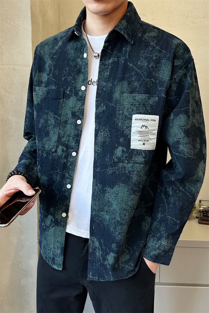 新款牛仔长袖衬衫男蓝色个性扎染印花工装外套C2401-P105,男装衬衫,电商A237