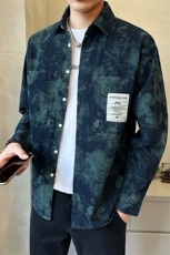 新款牛仔长袖衬衫男蓝色个性扎染印花工装外套C2401-P105，男装衬衫，电商A237