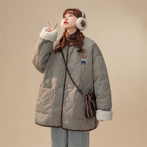 1中性风灯芯绒拼接假两件小熊连帽大码M-5XL棉衣女8713P135控168图片