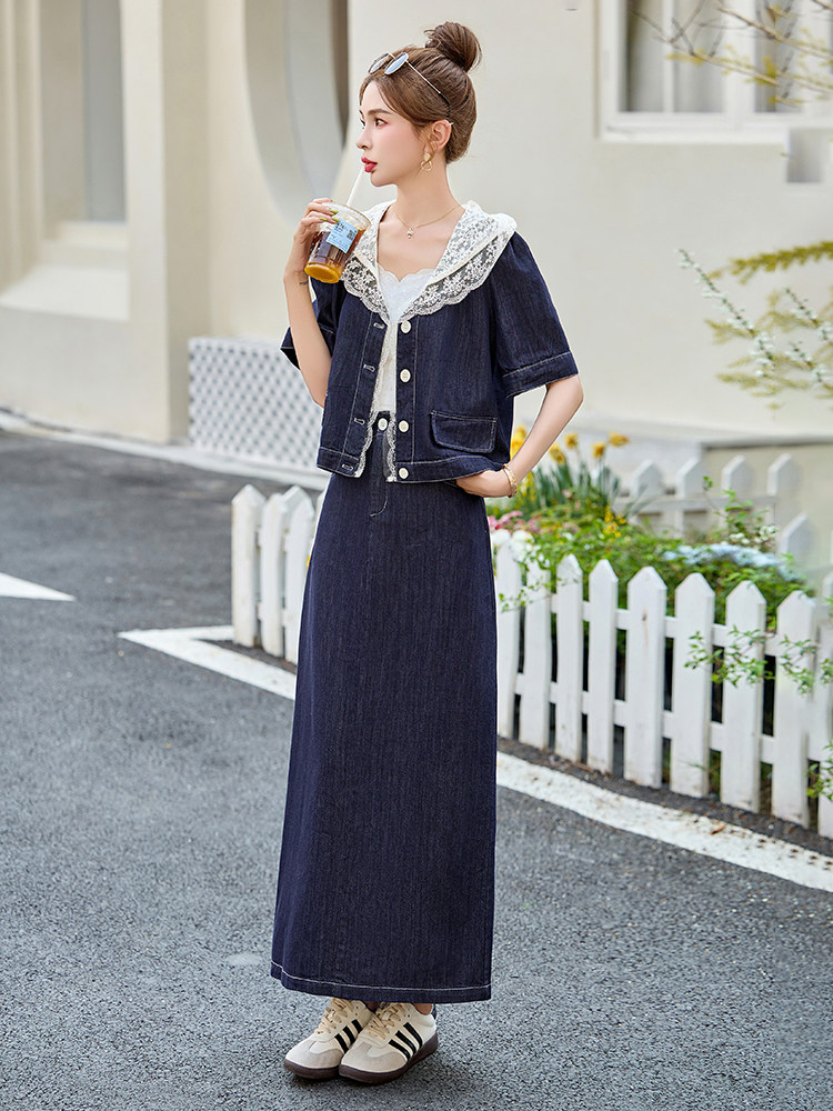 2025夏季水洗牛仔拼接蕾丝休闲潮两件套裙减龄今年流行的女装套装,女装套装/套裙,艾仟回(原伊仟回)