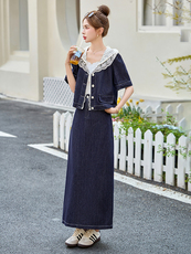 2025夏季水洗牛仔拼接蕾丝休闲潮两件套裙减龄今年流行的女装套装，女装套装/套裙，艾仟回(原伊仟回)