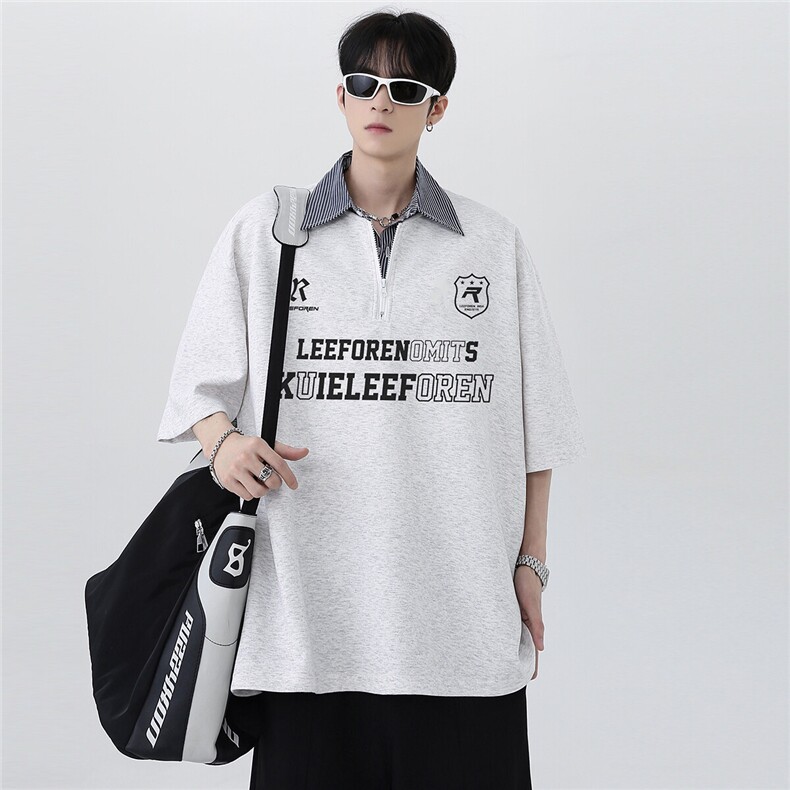 韩系假两件百搭舒适潮男美式复古宽松POLO衫运动短袖T恤T369-P48，男装Polo衫，电商C307