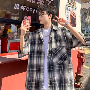 短袖衬衫男夏季新款磨毛格子衬衣DX716-特批26无差价图片