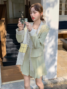 法式小香风小个子穿搭一整套女2025春新款蝴蝶结外套百褶裙两件套图片