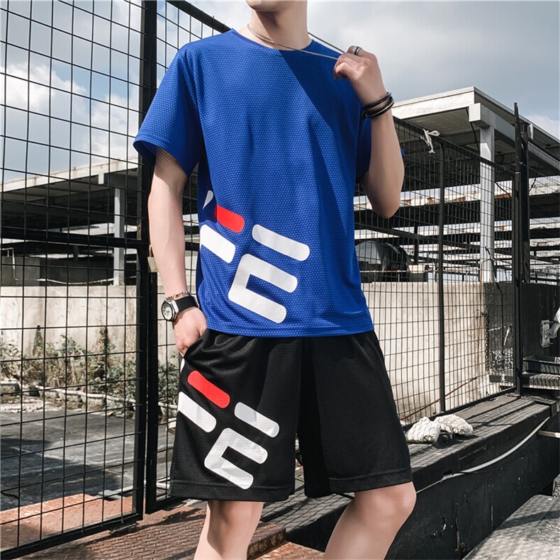 现货主推青少年大码休闲速干印花圆领短袖短裤运动套装男TZ22P25图片