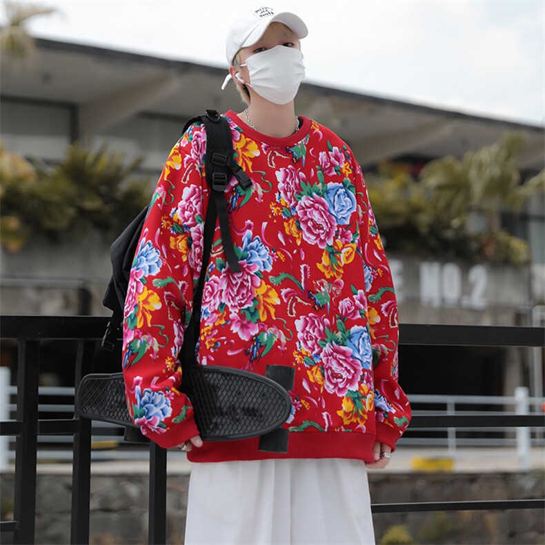 B203秋冬套头圆领东北大花风民族特色加绒保暖卫衣小衫男女潮，男装卫衣，星座115A(原星座507）