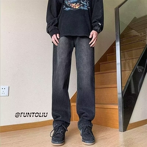 1506-1/K6111/P39抽绳潮流复古水洗美式做旧宽松阔腿直筒牛仔男女图片