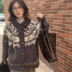 复古费尔岛提花毛衣开衫男女连帽牛角扣外套设计感针织上衣JMY72，男装针织衫/毛衣，星座208-5