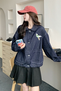 藏青色刺绣牛仔外套女春秋2025新款学院风小个子短款百搭翻领上衣图片