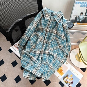DC037-P35美式复古格子长袖衬衫男女翻领宽松休闲百搭情侣衬衣图片
