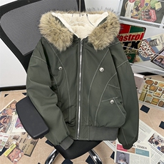 现货重磅boxy短款棉衣座山雕大毛毛领男女棉服水洗工装厚外套，男装棉衣，电商A486