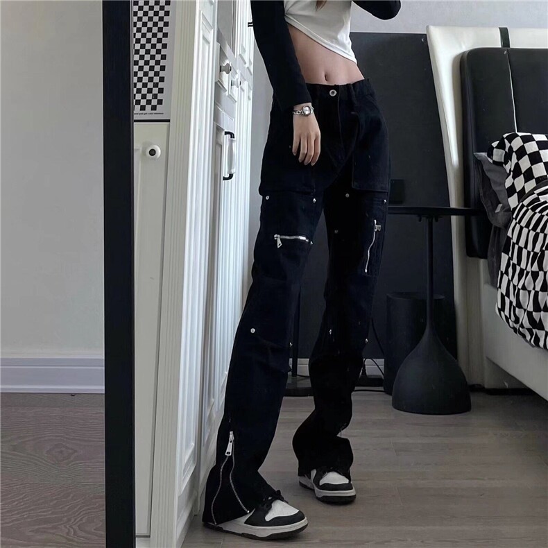 美式高街vibe机能侧边拉链工装牛仔裤直筒微喇叭裤男潮流百搭,男装牛仔裤,星座218-1（原230）