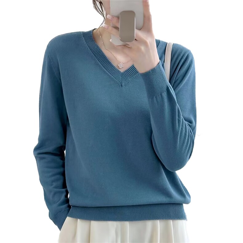 100%纯棉V领针织衫女套头纯色鸡心领长袖打底衫宽松休闲大码毛衣,针织衫/毛衣,阁惠羊绒
