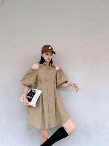 韩版漏肩泡泡袖连衣裙，女装连衣裙，玩美