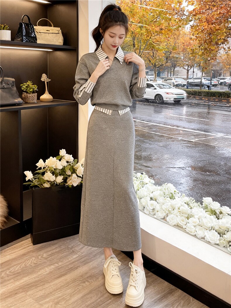 高端轻奢撞色拼接衬衫领卫衣套装女秋季新款时尚休闲半身裙两件套,女装套装/套裙,江南