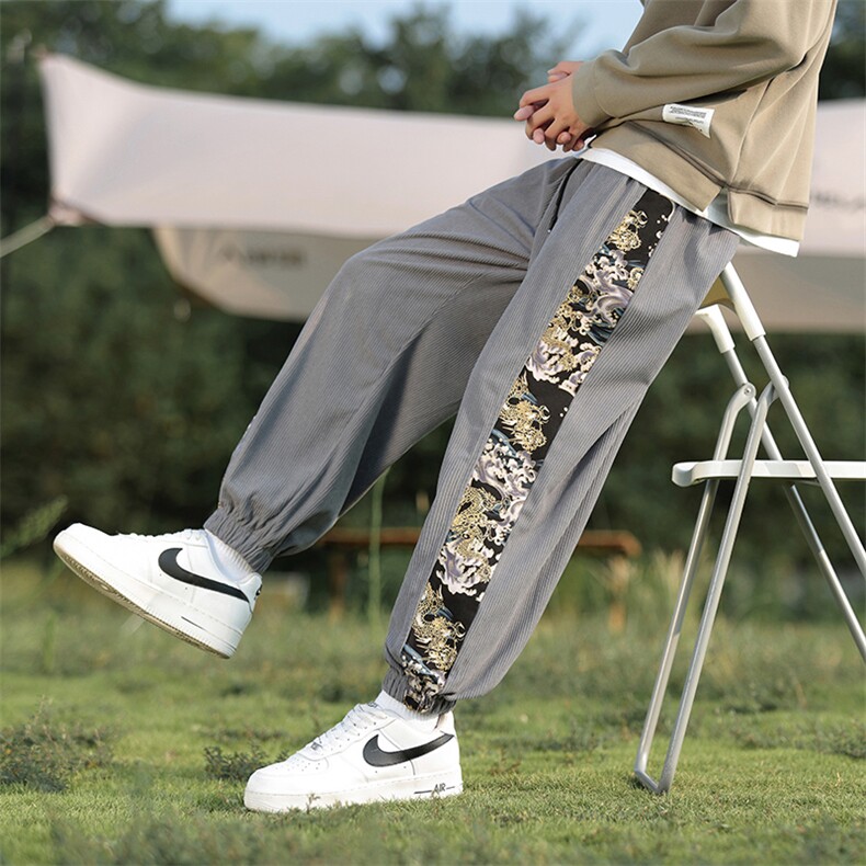 新中式风拼接束脚哈伦裤男大码灯芯绒休闲长裤子219-WK17-P50，男装休闲裤，星座219