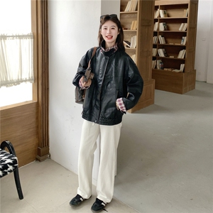 美式复古机车女孩皮衣女2026新款春季翻领宽松高级格纹撞色外套图片