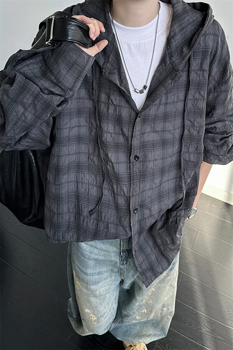 廓形防晒衬衫男夏季长袖冰丝薄款亚麻格子衬衣开衫外套CS29006P50,男装衬衫,电商B312