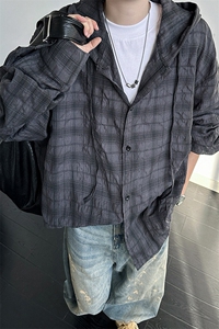 廓形防晒衬衫男夏季长袖冰丝薄款亚麻格子衬衣开衫外套CS29006P50图片
