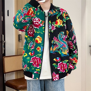 J01男女棒球领夹克外套东北大花汉服开衫左右拼接撞色潮男女图片