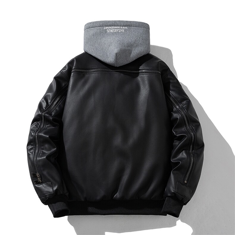 现货黑色PU皮棒球服外套秋冬棉服带帽可拆卸,男装棉衣,电商A105