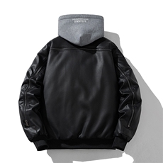 现货黑色PU皮棒球服外套秋冬棉服带帽可拆卸，男装棉衣，电商A105