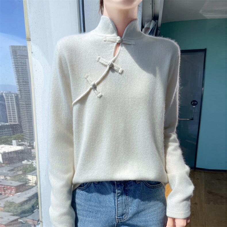 2024秋季新款盘扣纯色高领新中式10%套头衫,女装羊绒衫,昭美羊绒