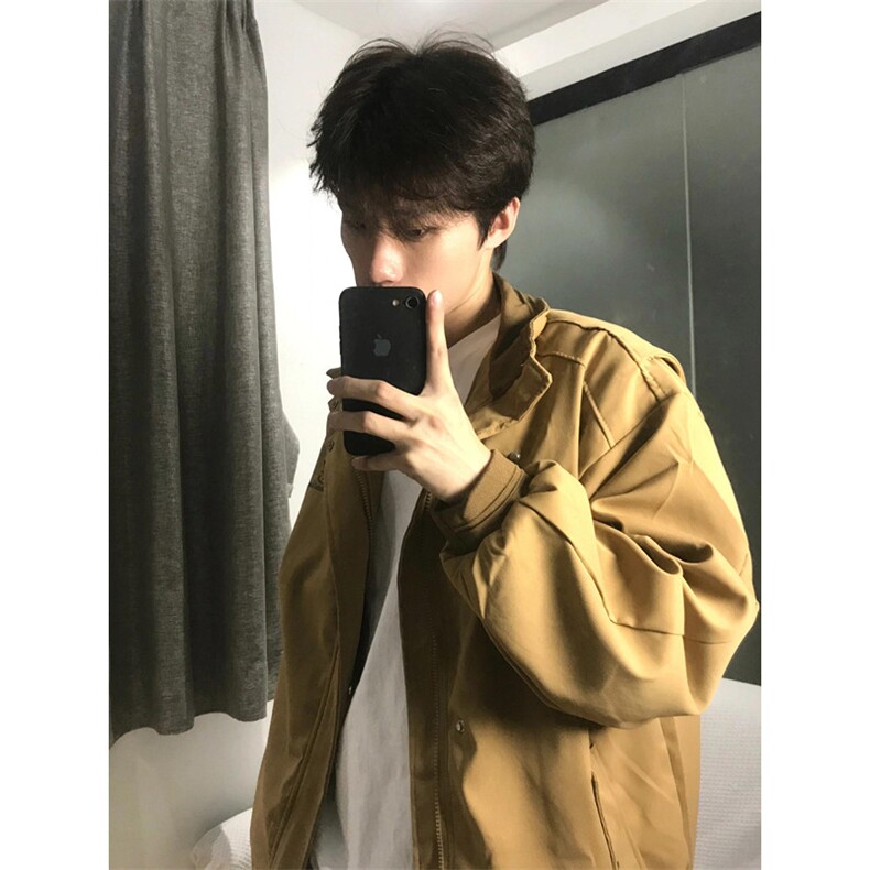 复古卡其工装外套男设计感宽松日系翻领拼色休闲夹克上衣W139,男装夹克,星座1116A（原606A-3）