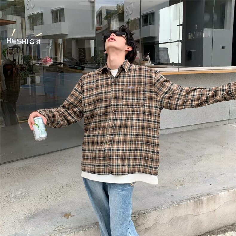 潮牌炸街美式撞色格子印花2024新款男情侣休闲长袖衬衫CS22/P42,男装衬衫,星座506