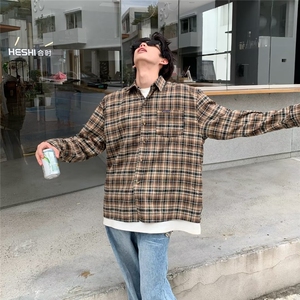 潮牌炸街美式撞色格子印花2024新款男情侣休闲长袖衬衫CS22/P42图片