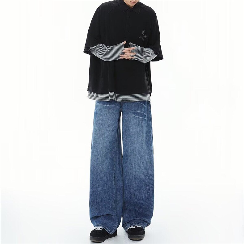 水洗设计感弯刀复古蓝直筒牛仔裤男潮牌痞帅阔腿显瘦裤L9008/P78，女装牛仔裤，星座506