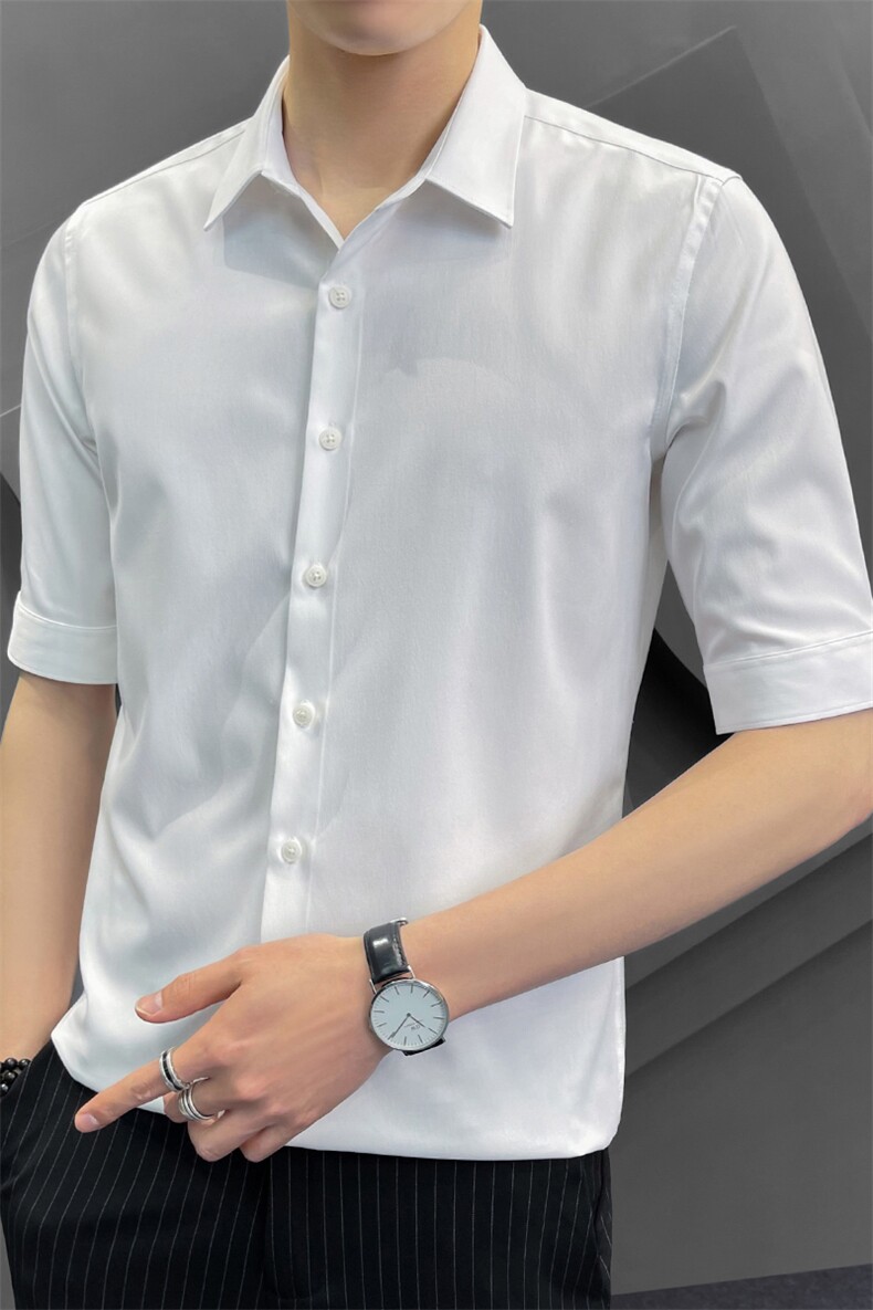 冰丝夏季衬衫男韩版修身潮流五分袖商务高级感白衬衣8315P65控118,男装T恤,电商A355（原A415）
