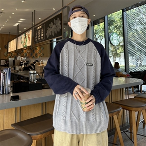 MY320-P46美式宽松型拼色麻花圆领毛衣图片