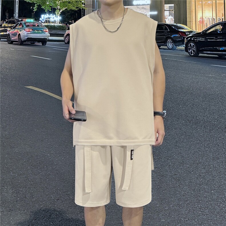 抖音高品质同面料短袖坎肩无袖T恤潮流男套装D088/P65杏,男装T恤,电商A094