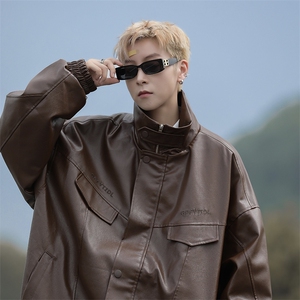 A928-P66 美式高街潮牌机车服夹克春秋季宽松立领pu皮衣外套男图片