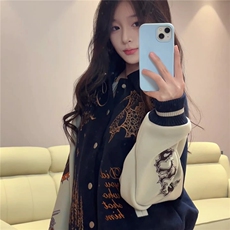 美式复古印花字母拼接PU皮棒球服夹克男女潮牌宽松百搭情侣外套潮，男装夹克，星座601-1