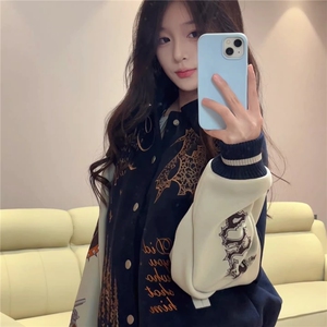 美式复古印花字母拼接PU皮棒球服夹克男女潮牌宽松百搭情侣外套潮图片