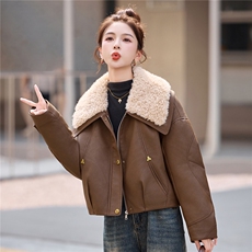 时尚羊羔毛大翻领加棉PU皮衣外套女2025冬季宽松洋气减龄短款棉服，女装棉衣/棉服，依如秀(原杭风阁)