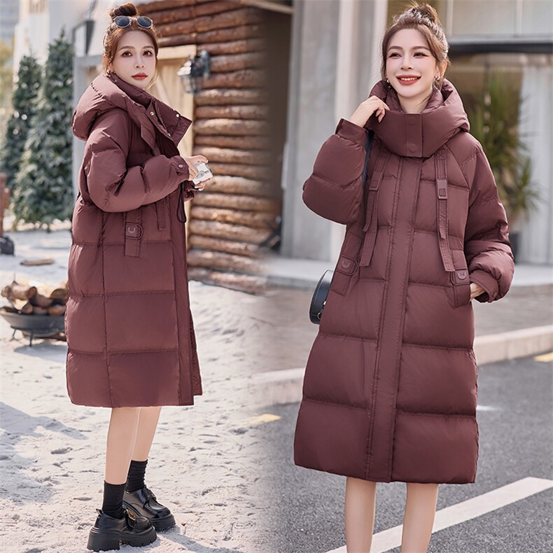 安可拉红2024年白鸭绒连帽羽绒服女冬季新款长款保暖外套，女装羽绒服，千千佰惠