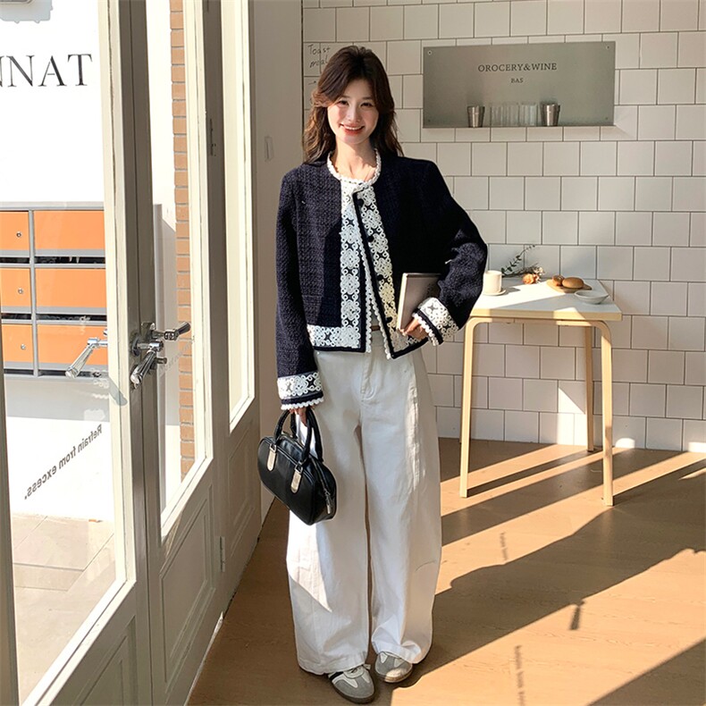 深蓝色小香风蕾丝拼接短外套女2025春季小个子名媛气质高级感上衣,女装短外套,2C169