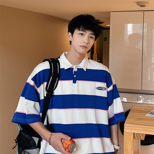 !条纹翻领宽松纯棉polo衫短袖男T恤XP221-P40控68图片