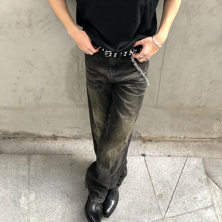 美式高街闪电裂纹微喇牛仔裤男潮牌cleanfit水洗直筒长裤,男装牛仔裤,星座218-8