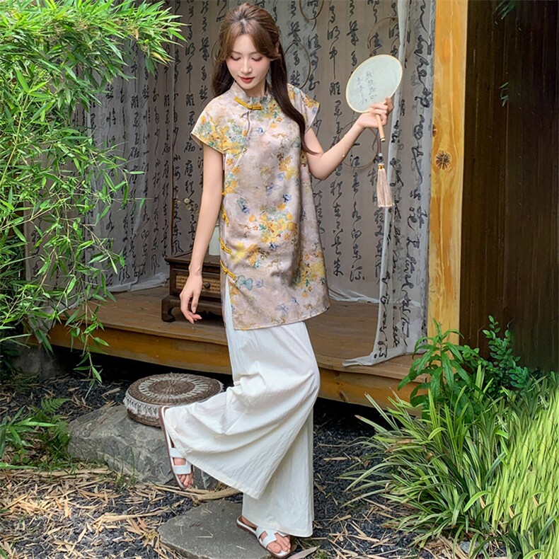 新中式g风套装女2026夏季流行复古印花盘扣旗袍上衣阔腿裤两件套,女装套装/套裙,超帛