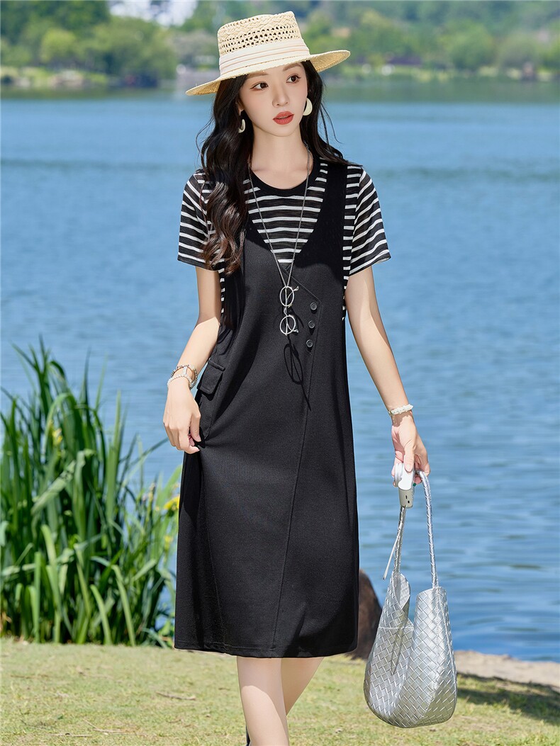 假两件休闲宽松连衣裙女2026夏季新款遮肉显瘦A字裙中长款裙子,女装连衣裙,余墨