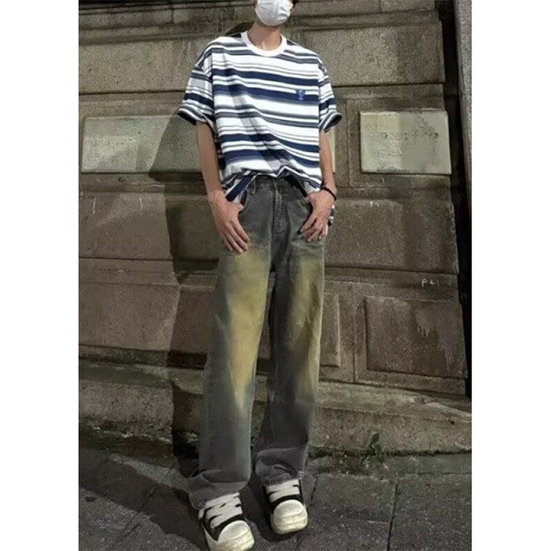 原宿新款百搭简约无品牌美式复古蓝白条纹t恤男重磅短袖TSK42,男装T恤,星座1116A（原606A-3）