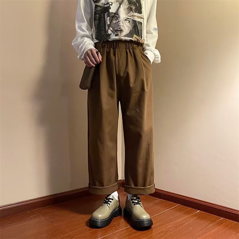 复古纯色阔腿工装裤男潮牌街头宽松直筒休闲百搭长裤K9021-P35，男装休闲裤，星座910-1