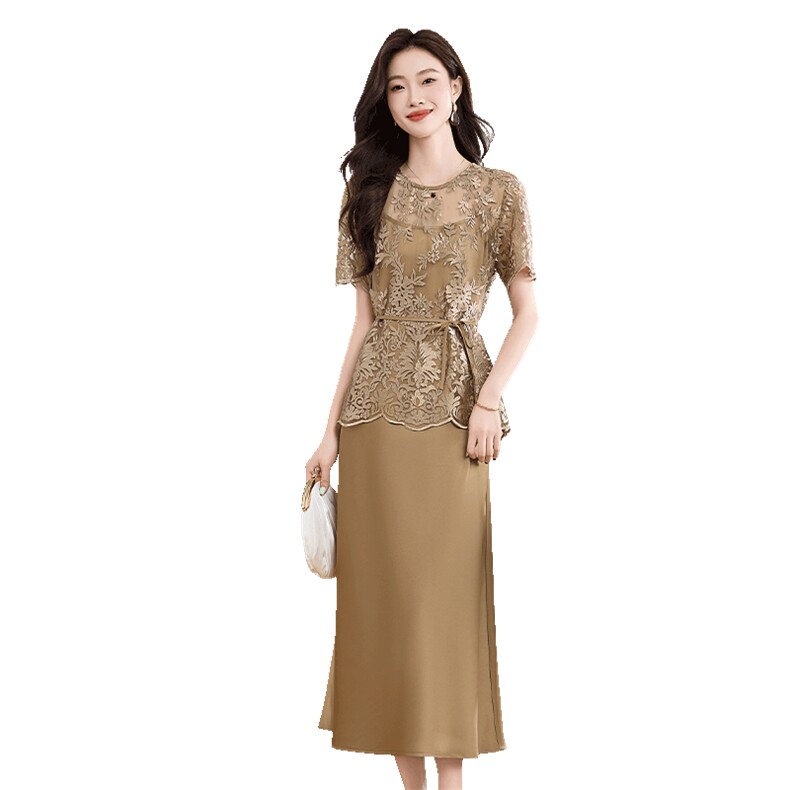 现货蕾丝花边上衣超柔高仿醋酸缎两件套吊带裙,女装连衣裙,衣佳和